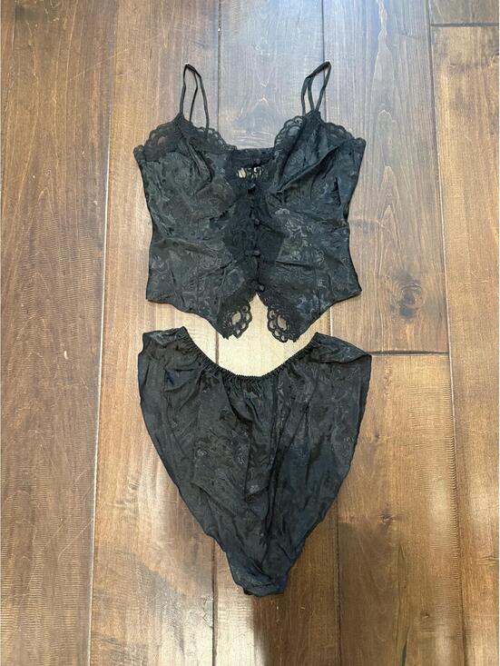 Victoria's Secret Other - Vintage 90s Gold Label Victoria’s Secret Black Satin Jacquard Robe Set S